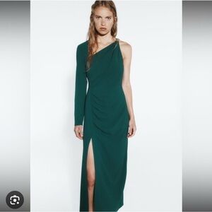 Zara One-Shoulder ASYMMETRIC DRESS Emerald Green and Gold glam Holiday Party